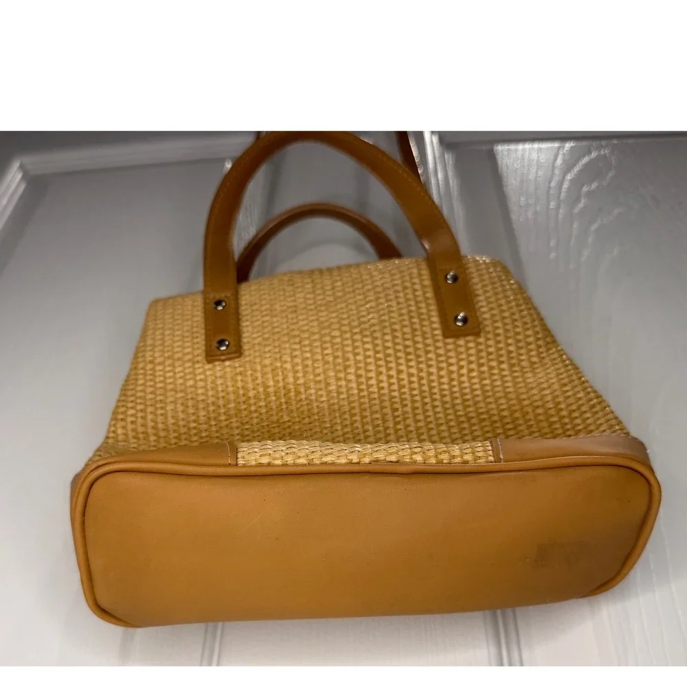 Nine West Straw Woven Tote Handbag Crossbody Bag Tan Leather‎ Trim